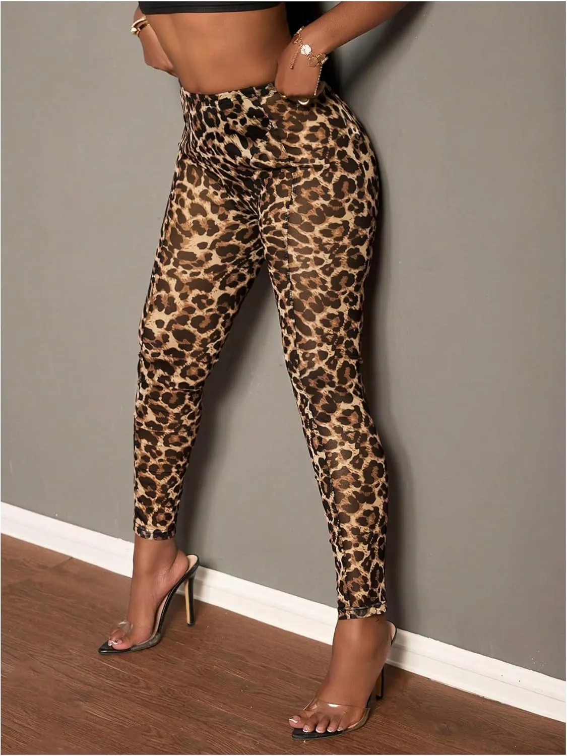 MakeMeChic Women's Leopard Leggings Sheer Mesh Cheetah Print Yoga Pants