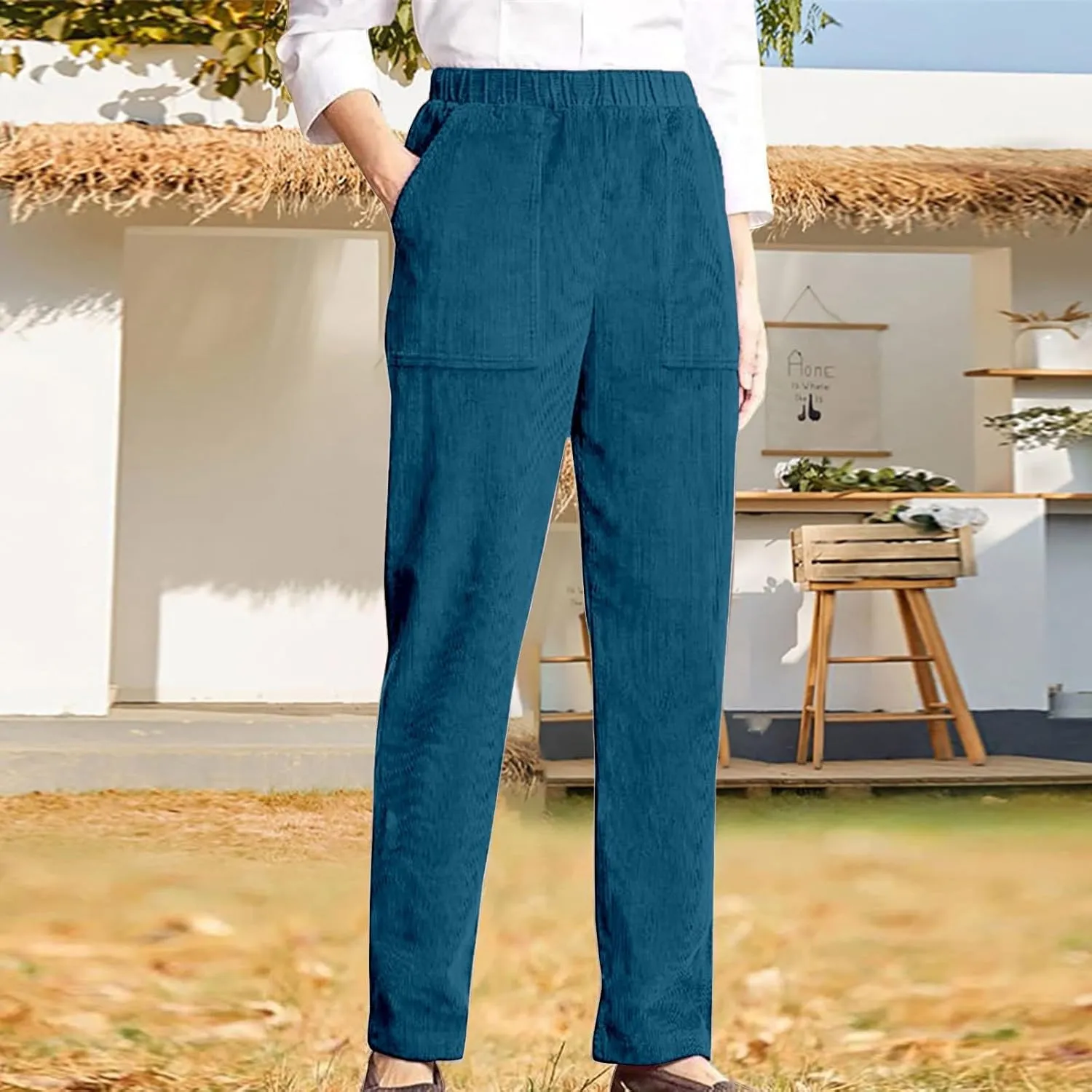 MCILLO Ladies Corduroy Pants Women Elastic High Waist Straight Leg Slacks Casual Trousers with Pocket