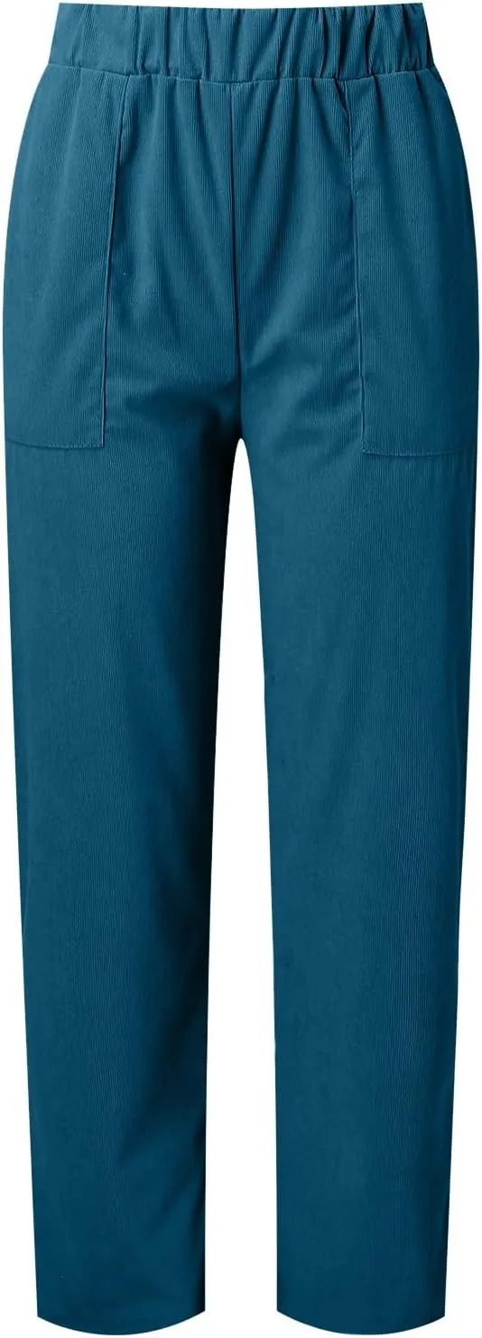 MCILLO Ladies Corduroy Pants Women Elastic High Waist Straight Leg Slacks Casual Trousers with Pocket