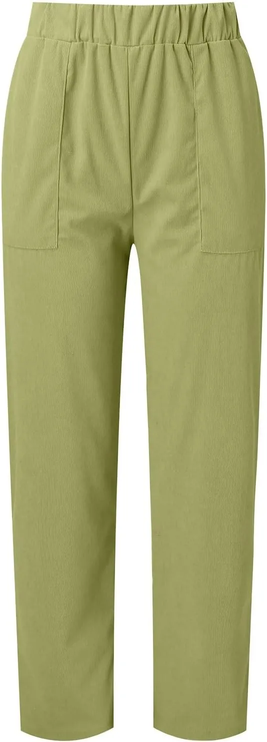MCILLO Ladies Corduroy Pants Women Elastic High Waist Straight Leg Slacks Casual Trousers with Pocket
