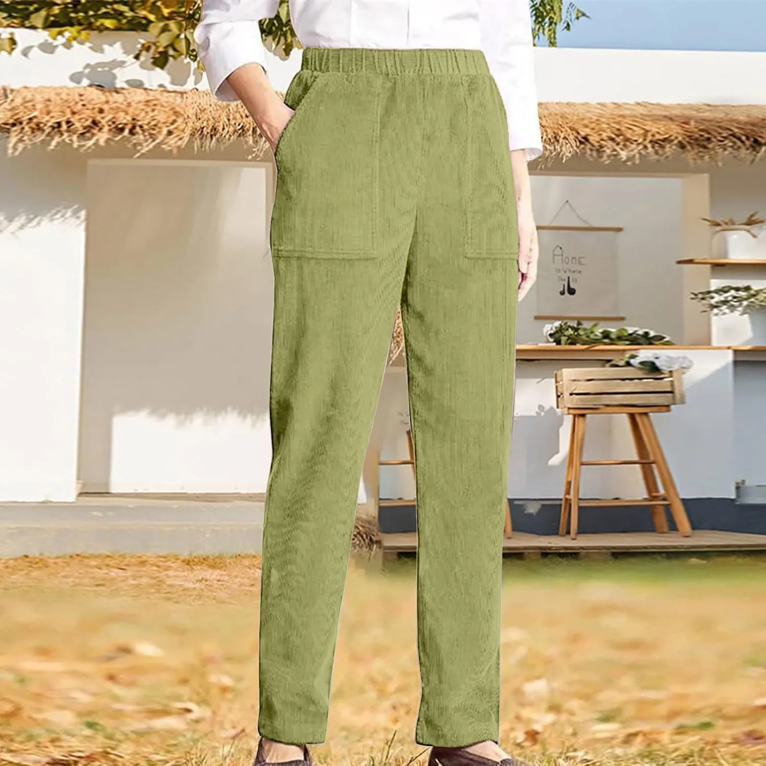 MCILLO Ladies Corduroy Pants Women Elastic High Waist Straight Leg Slacks Casual Trousers with Pocket