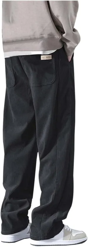 Men Baggy Pants Tie Front Drawstring Waist Corduroy Casual Loose Straight Leg Pants Trousers with Pockets