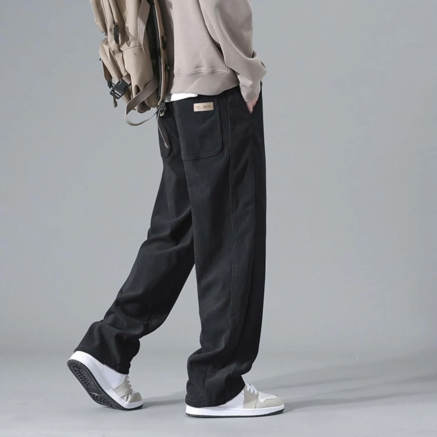 Men Baggy Pants Tie Front Drawstring Waist Corduroy Casual Loose Straight Leg Pants Trousers with Pockets