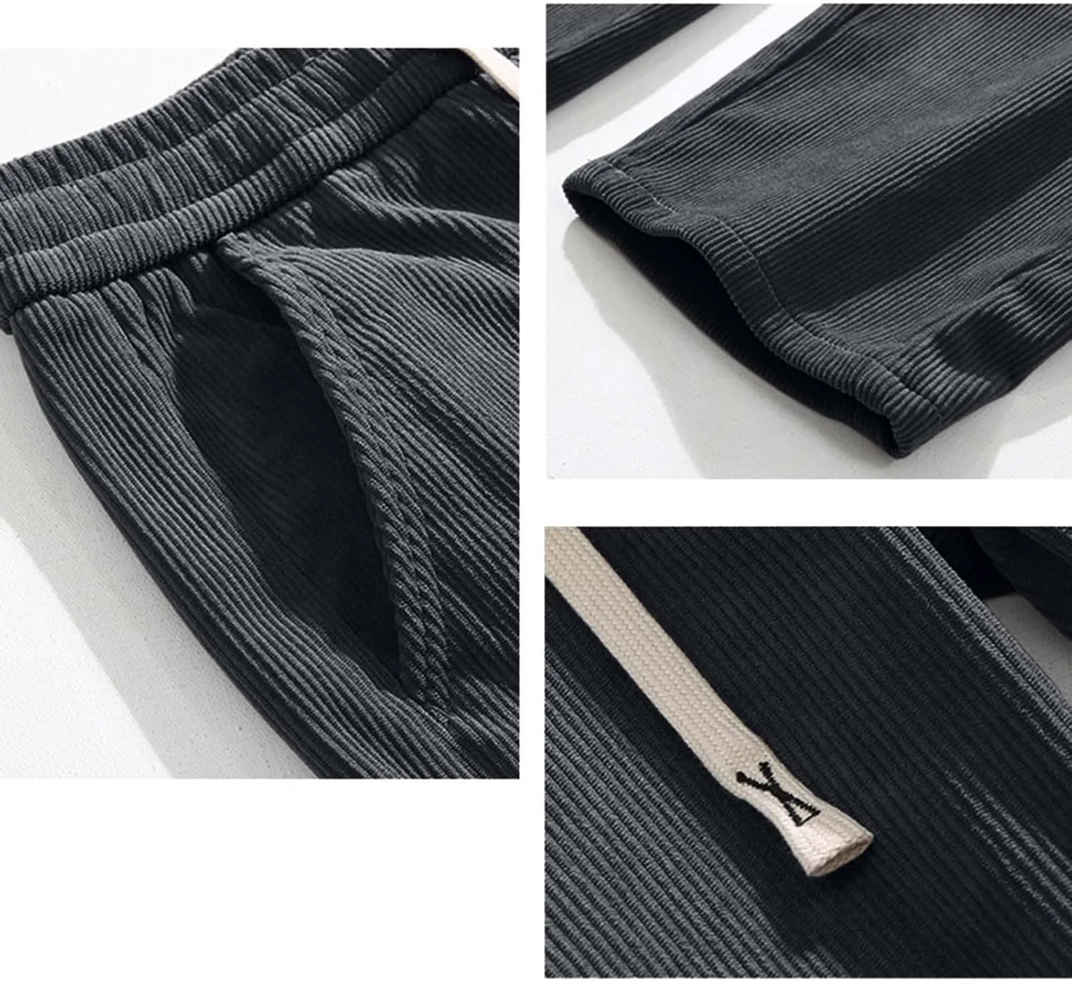 Men Baggy Pants Tie Front Drawstring Waist Corduroy Casual Loose Straight Leg Pants Trousers with Pockets