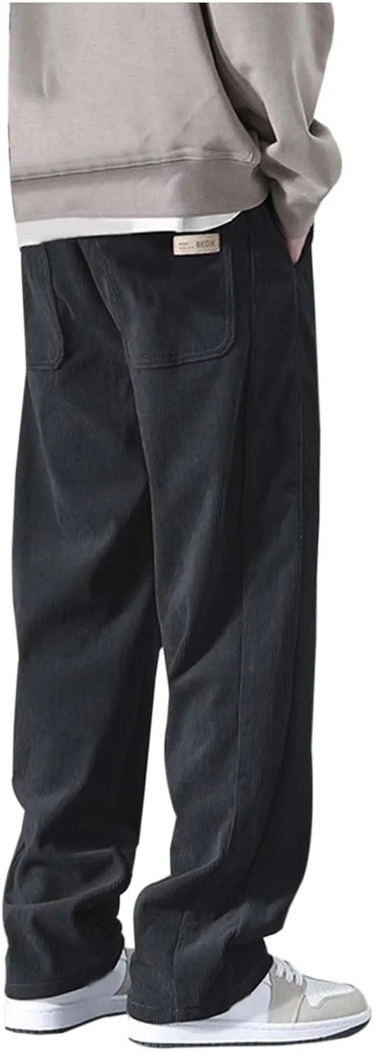Men Baggy Pants Tie Front Drawstring Waist Corduroy Casual Loose Straight Leg Pants Trousers with Pockets
