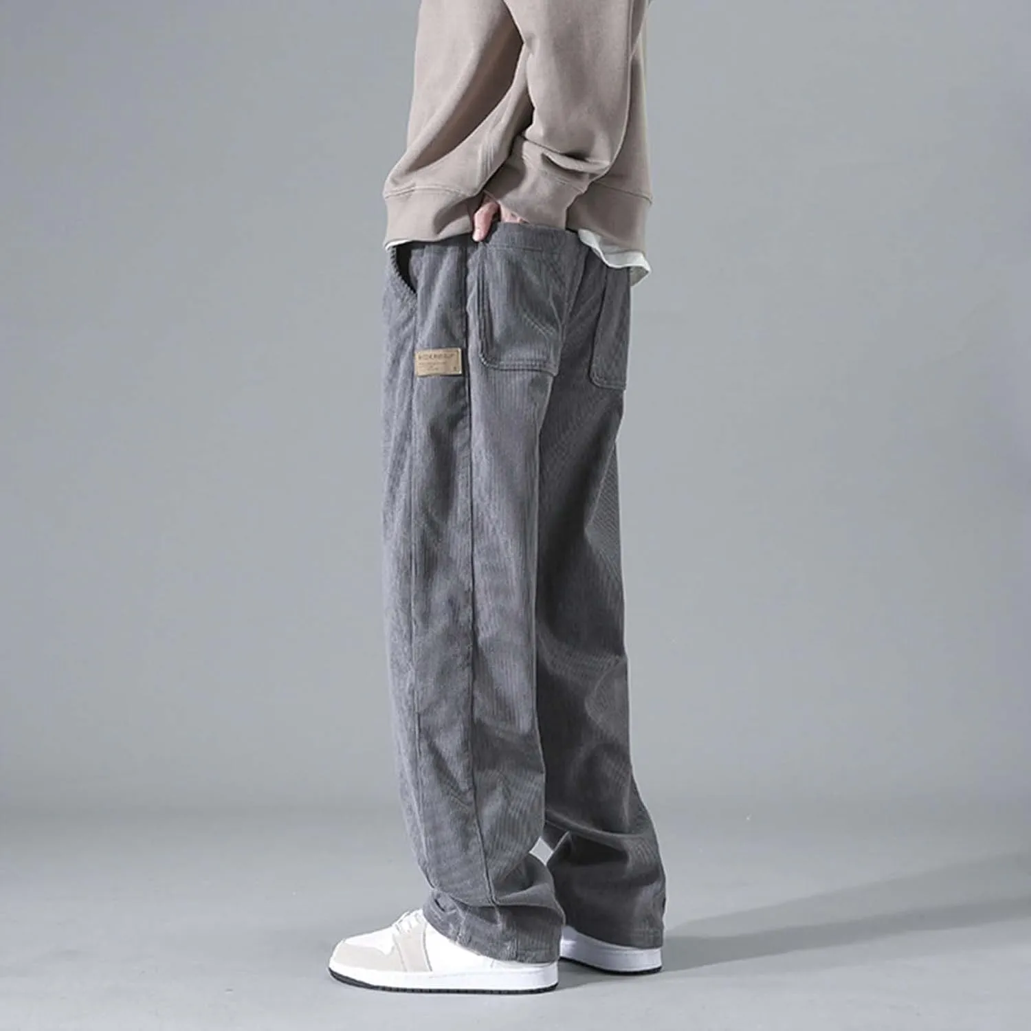 Men Baggy Pants Tie Front Drawstring Waist Corduroy Casual Loose Straight Leg Pants Trousers with Pockets