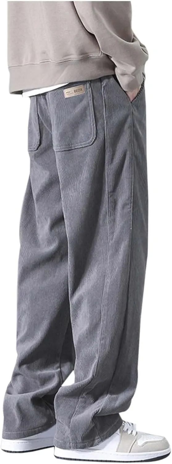 Men Baggy Pants Tie Front Drawstring Waist Corduroy Casual Loose Straight Leg Pants Trousers with Pockets