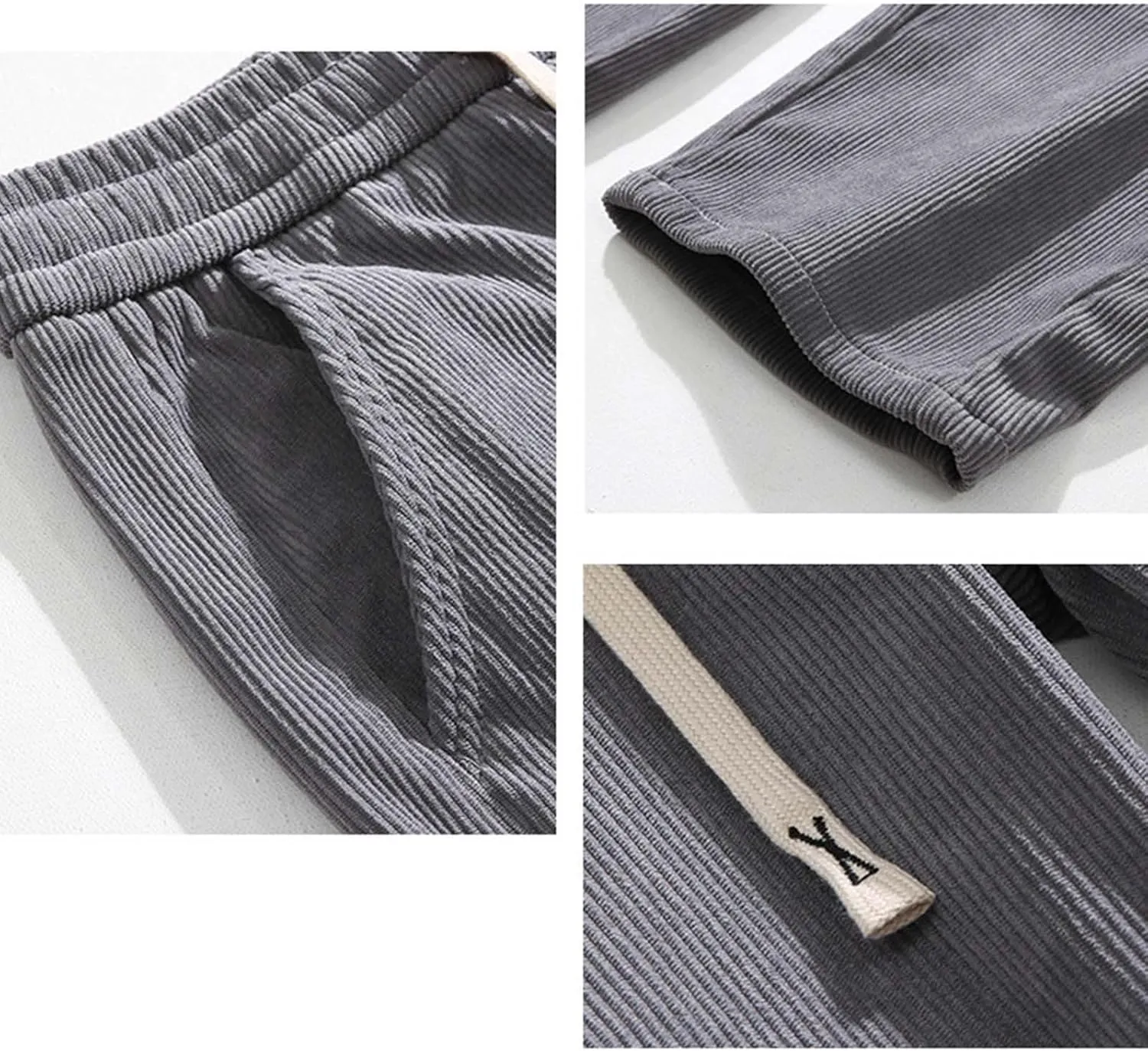 Men Baggy Pants Tie Front Drawstring Waist Corduroy Casual Loose Straight Leg Pants Trousers with Pockets