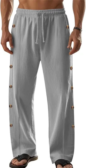 Men's Button Straight Yoga Pants Side Snap Tear Away Pants 2025 Casual Linen Drawstring Baggy Sweatpants with Pockets