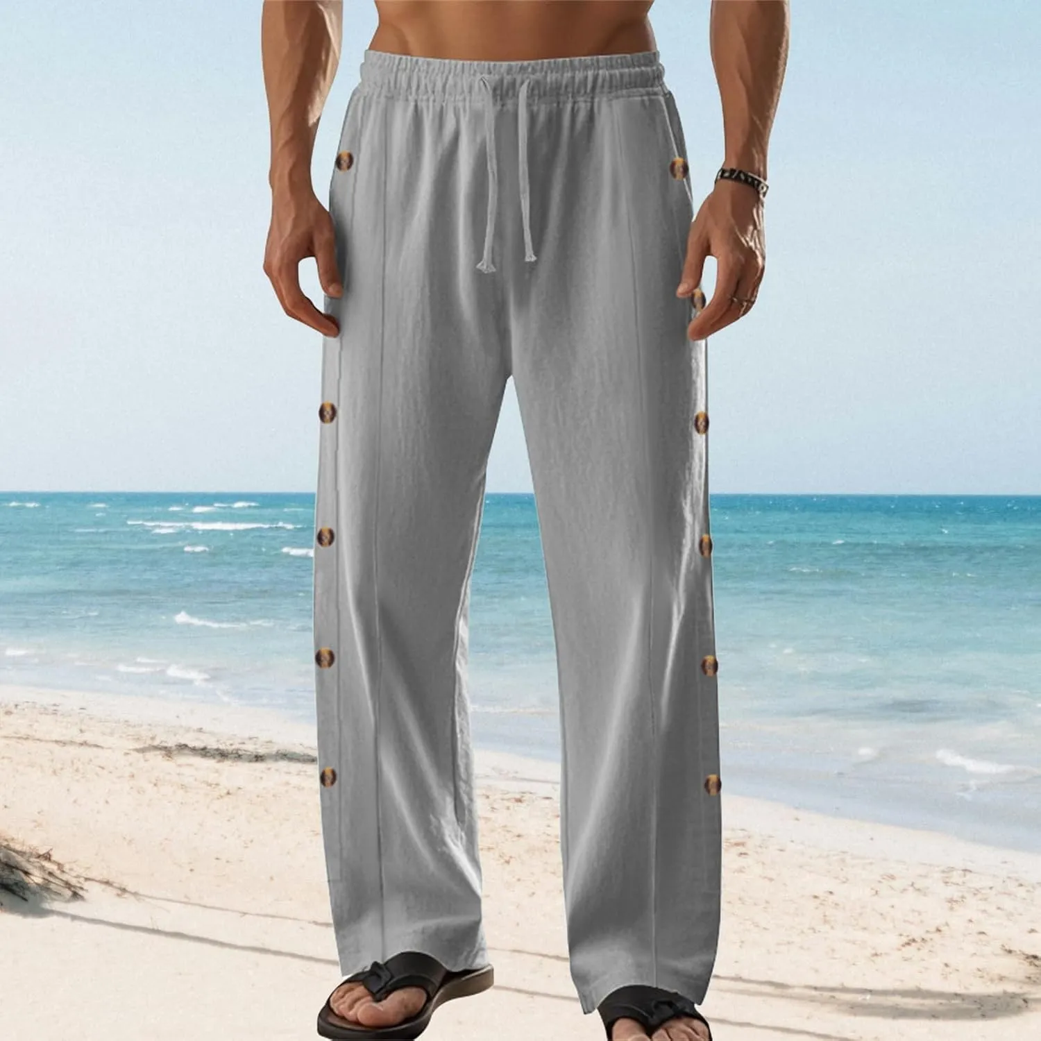 Men's Button Straight Yoga Pants Side Snap Tear Away Pants 2025 Casual Linen Drawstring Baggy Sweatpants with Pockets