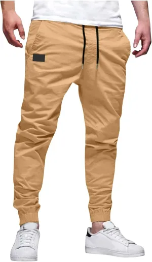 Mens Cargo Joggers Pants Casual Twill Chino Cotton Elastic Drawstring Outdoor Hiking Sweatpants Pants