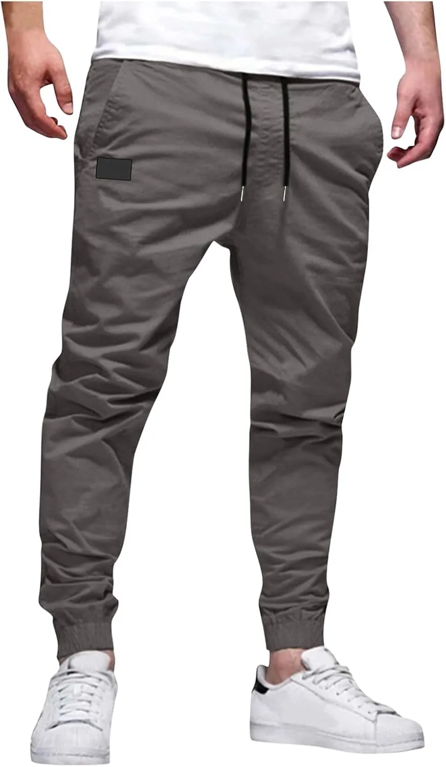 Mens Cargo Joggers Pants Casual Twill Chino Cotton Elastic Drawstring Outdoor Hiking Sweatpants Pants