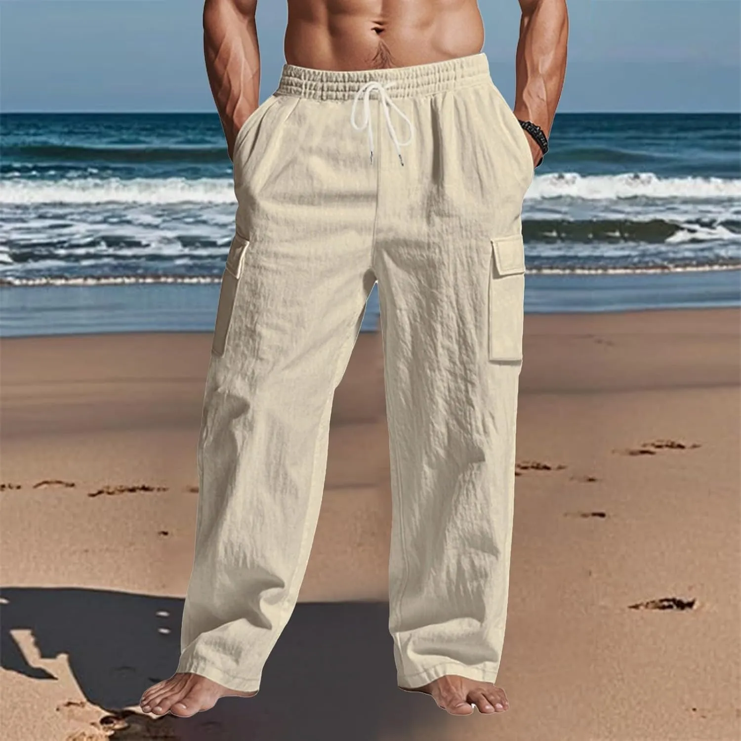 Mens Cargo Pants Lightweight Comfy Elastic Waist Linen Pants Casual Summer Yoga Work Pants Beach Outfits with Pockets