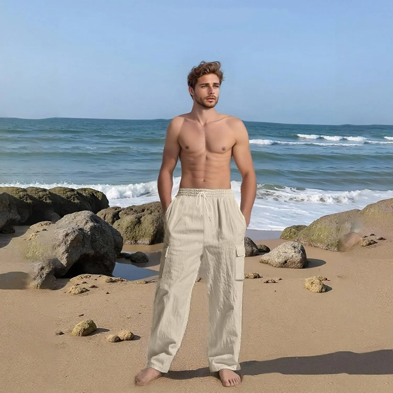 Mens Cargo Pants Lightweight Comfy Elastic Waist Linen Pants Casual Summer Yoga Work Pants Beach Outfits with Pockets