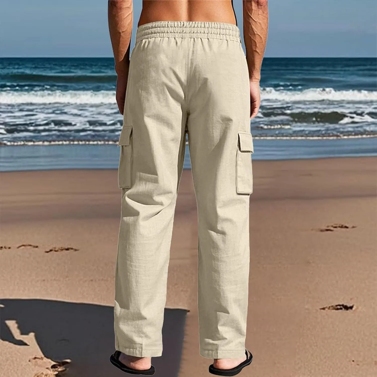 Mens Cargo Pants Lightweight Comfy Elastic Waist Linen Pants Casual Summer Yoga Work Pants Beach Outfits with Pockets