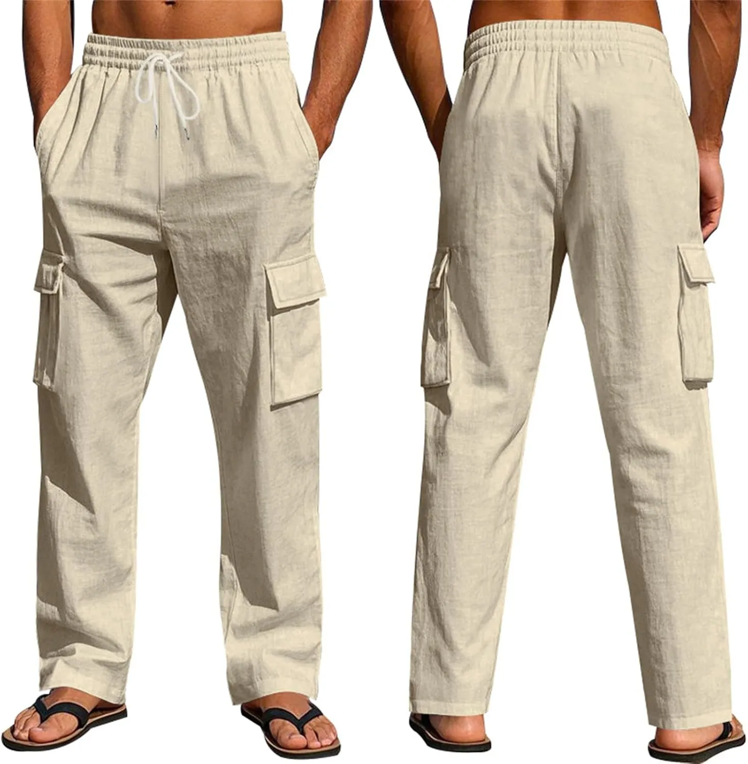 Mens Cargo Pants Lightweight Comfy Elastic Waist Linen Pants Casual Summer Yoga Work Pants Beach Outfits with Pockets