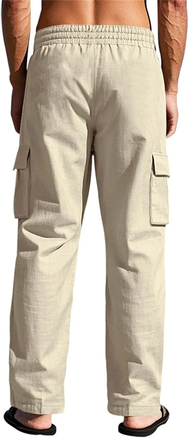 Mens Cargo Pants Lightweight Comfy Elastic Waist Linen Pants Casual Summer Yoga Work Pants Beach Outfits with Pockets