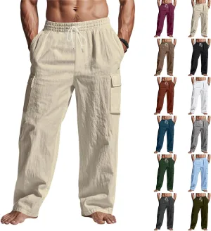 Mens Cargo Pants Lightweight Comfy Elastic Waist Linen Pants Casual Summer Yoga Work Pants Beach Outfits with Pockets