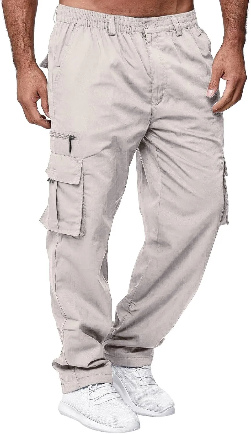 Men's Cargo Work Pants, Straight Leg Zipper Joggers Pants, Sports Fitness Casual Tactical Trousers with Muilt Pockets