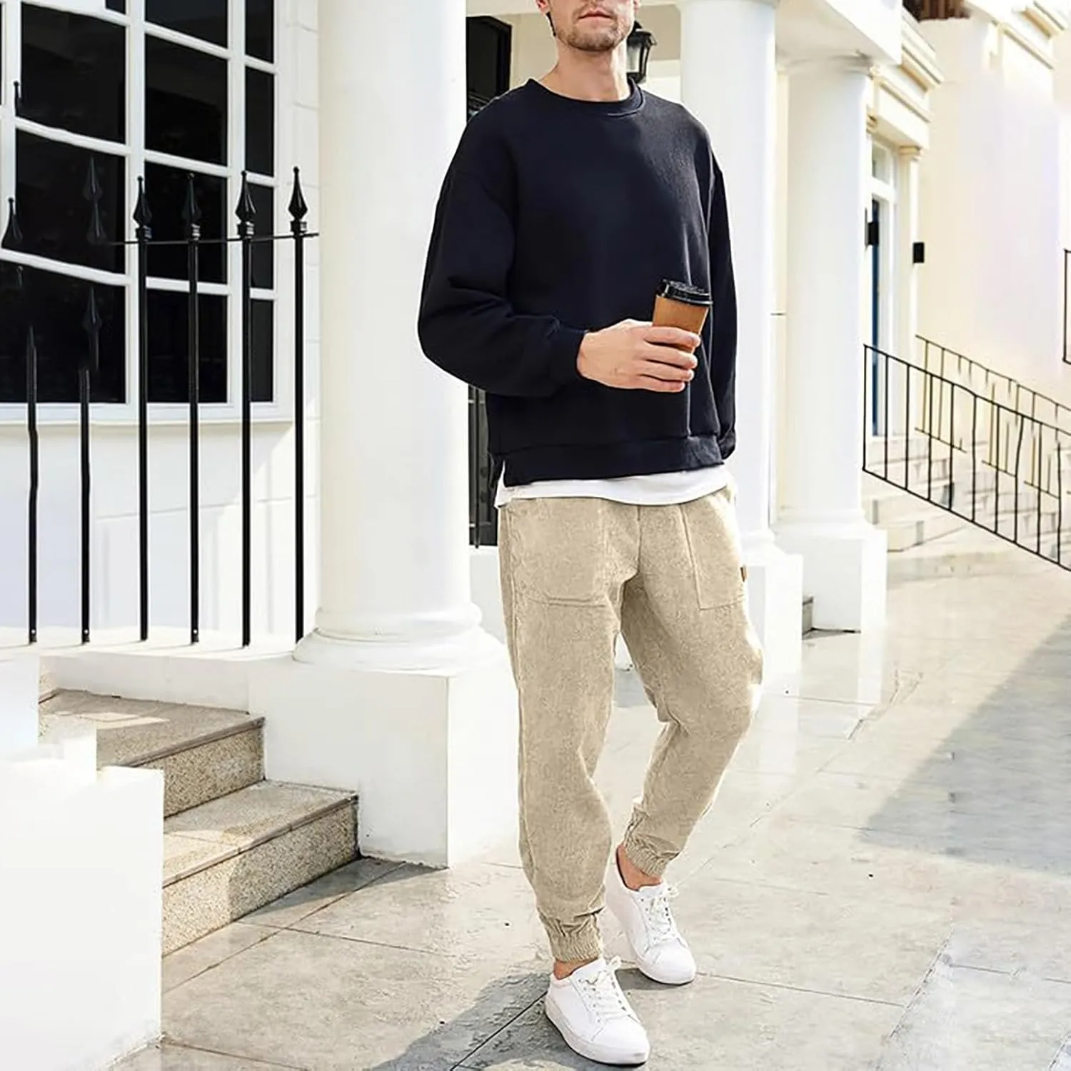 Men's Casual Corduroy Sweatpants Loose Fit Drawstring Elastic Waist Jogger Pants Baggy Sport Cargo Pants with Pockets