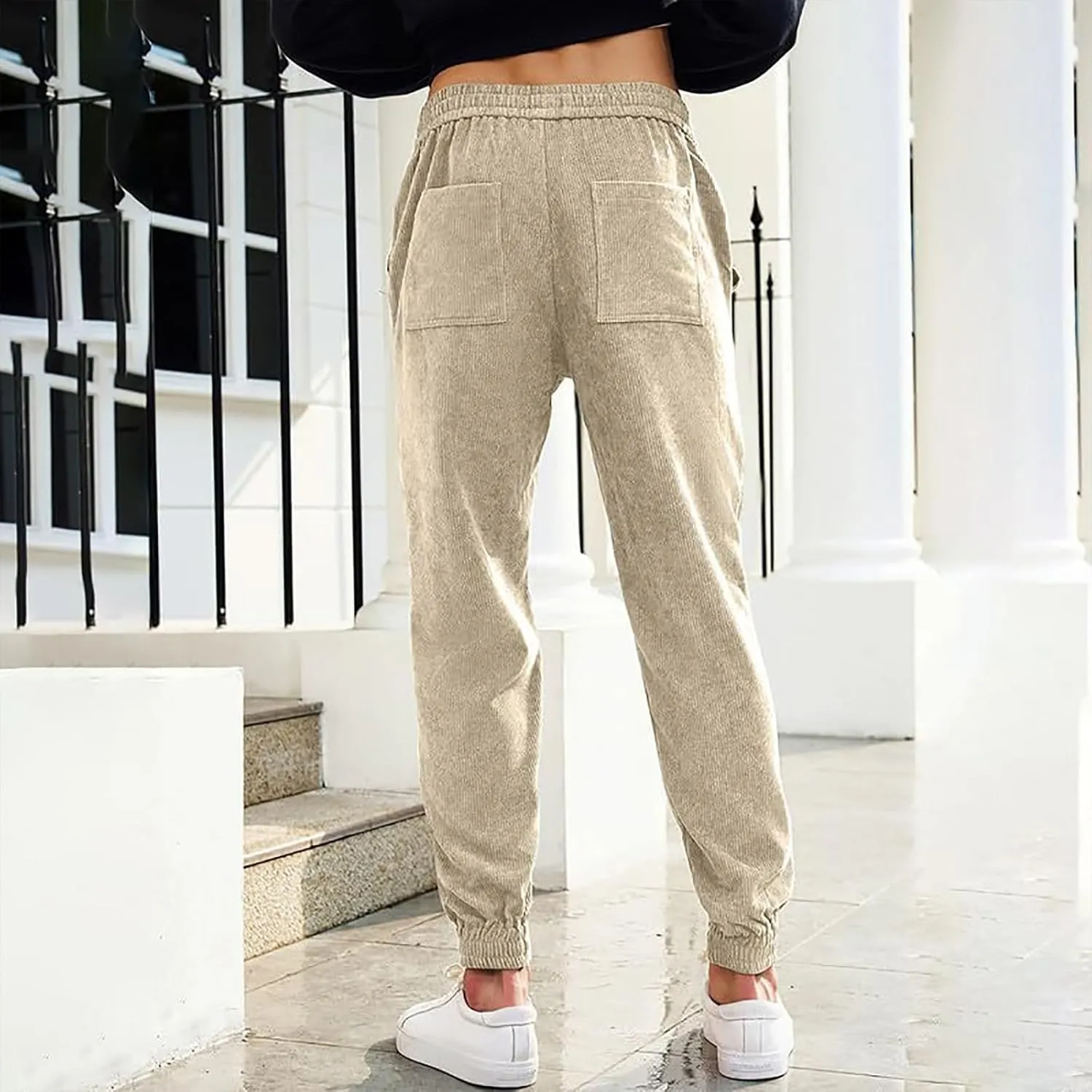 Men's Casual Corduroy Sweatpants Loose Fit Drawstring Elastic Waist Jogger Pants Baggy Sport Cargo Pants with Pockets