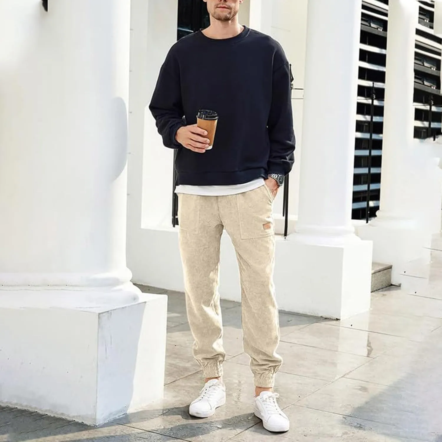 Men's Casual Corduroy Sweatpants Loose Fit Drawstring Elastic Waist Jogger Pants Baggy Sport Cargo Pants with Pockets