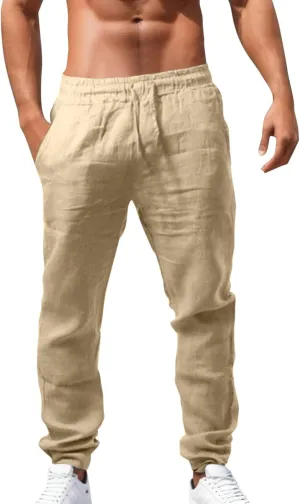 Men's Casual Cotton Linen Pants Hiking Joggers Elastic Waist Loose Fit Trousers Lightweight Yoga Beach Pants