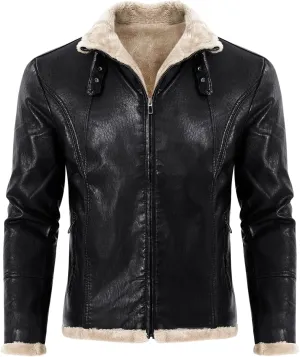 Men's Casual Faux Leather Zip Up Long Sleeve Bomber Jacket Fashion Suede Sherpa Jacket Aviator PU Coat with Pockets