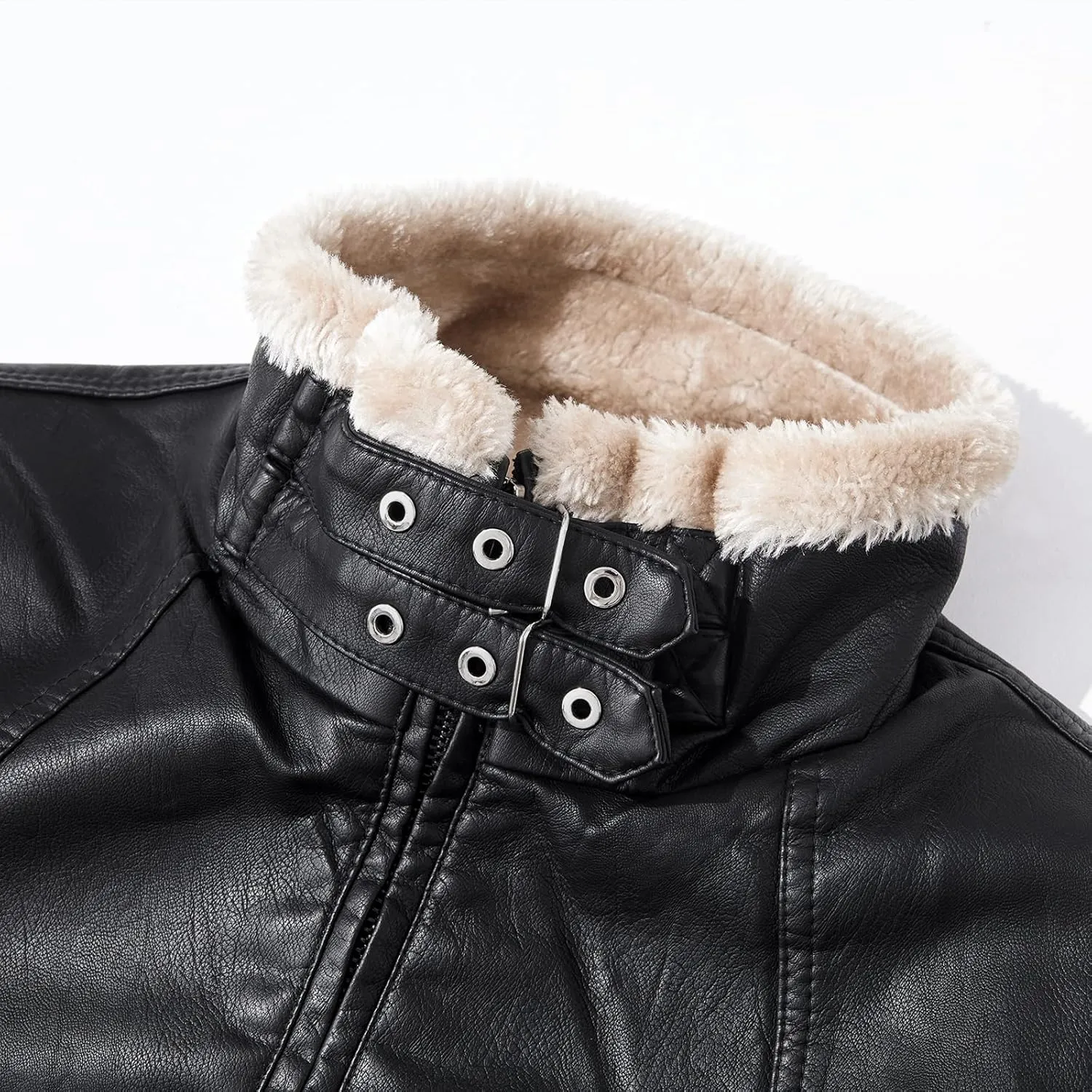Men's Casual Faux Leather Zip Up Long Sleeve Bomber Jacket Fashion Suede Sherpa Jacket Aviator PU Coat with Pockets