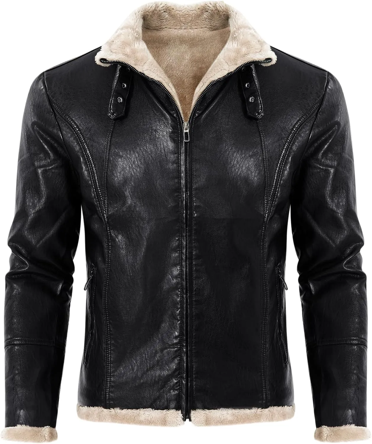 Men's Casual Faux Leather Zip Up Long Sleeve Bomber Jacket Fashion Suede Sherpa Jacket Aviator PU Coat with Pockets
