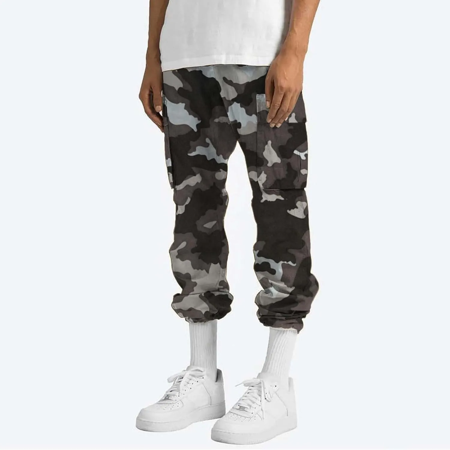 Mens Casual Joggers Pants Men's Winter Street Casual Sports Multi Pocket Up Solid Color Open Bottom Running