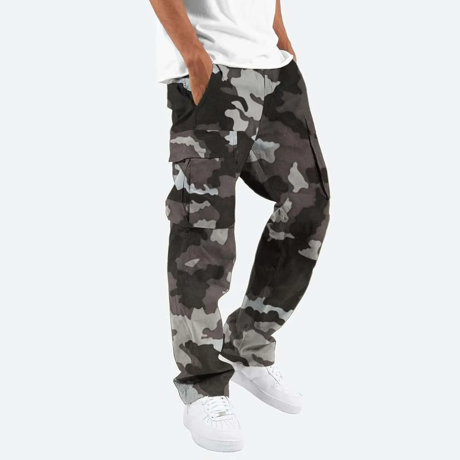 Mens Casual Joggers Pants Men's Winter Street Casual Sports Multi Pocket Up Solid Color Open Bottom Running