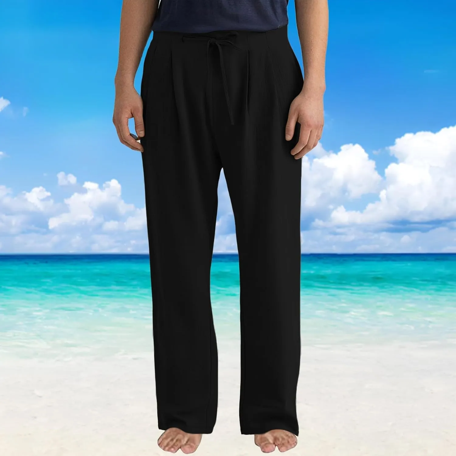 Mens Casual Linen Pants Plus Size Lightweight Beach Vacation Pants Solid Straight Slacks Drawstring Elastic Trousers