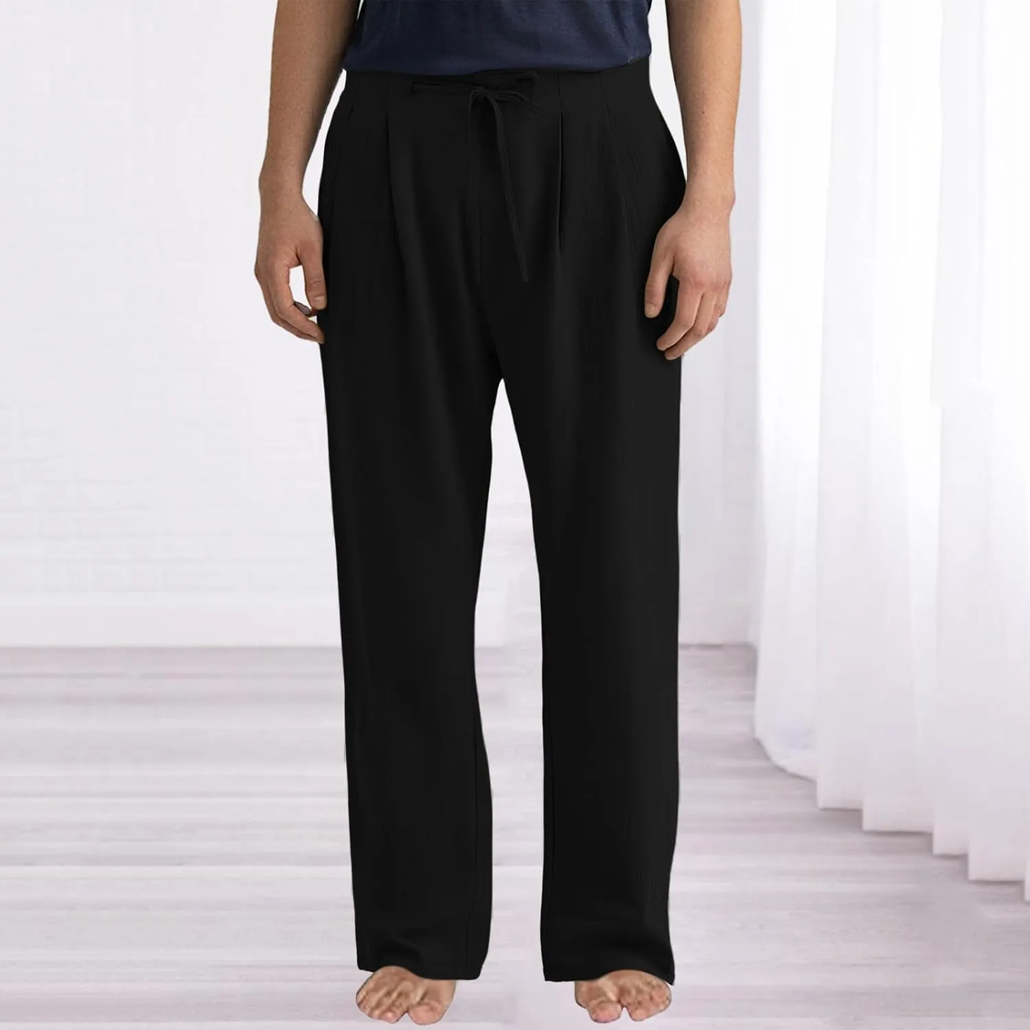 Mens Casual Linen Pants Plus Size Lightweight Beach Vacation Pants Solid Straight Slacks Drawstring Elastic Trousers