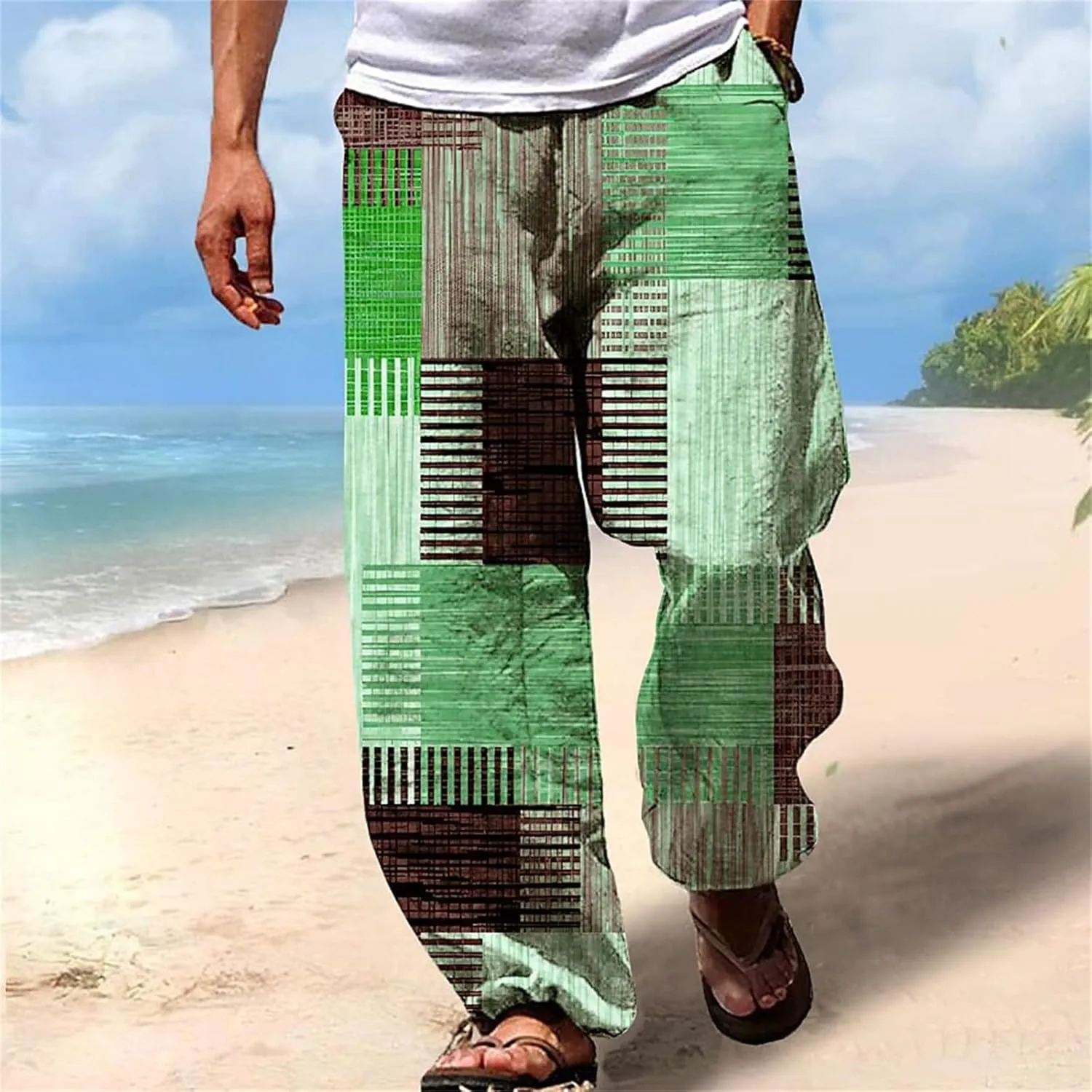 Mens Casual Pants Elastic Waist Wide Leg Stripes Patchwork Lightweight Trendy Pants Beach Yoga Trousers with Pockets