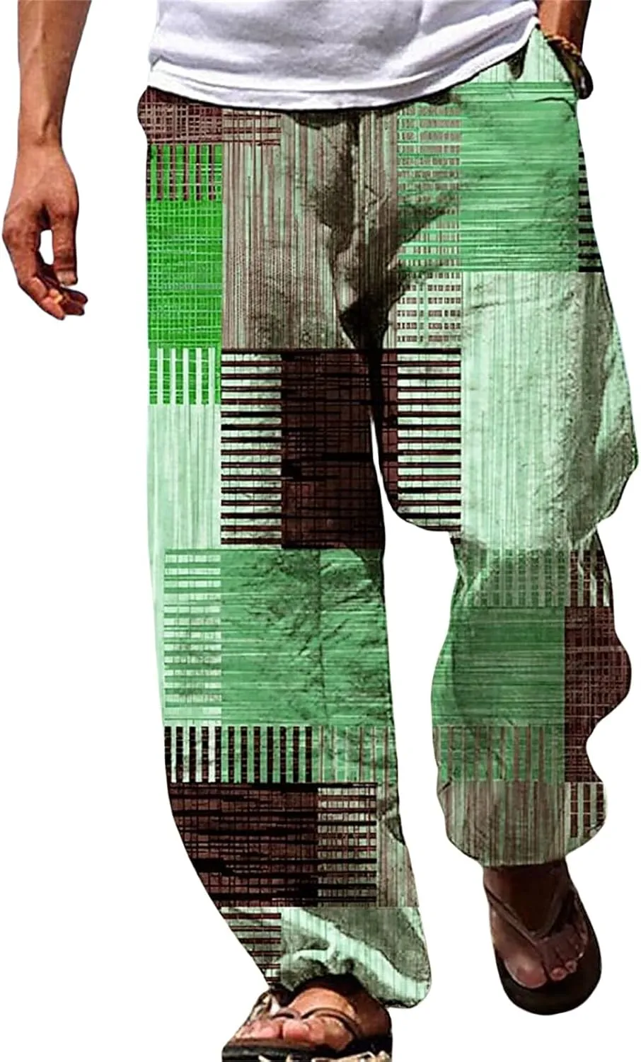 Mens Casual Pants Elastic Waist Wide Leg Stripes Patchwork Lightweight Trendy Pants Beach Yoga Trousers with Pockets