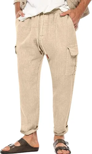 Men's Casual Pants Linen Relaxed Lightweight Casual Trousers Wide Leg Breathable Drawstring Waist Summer Beach Pant