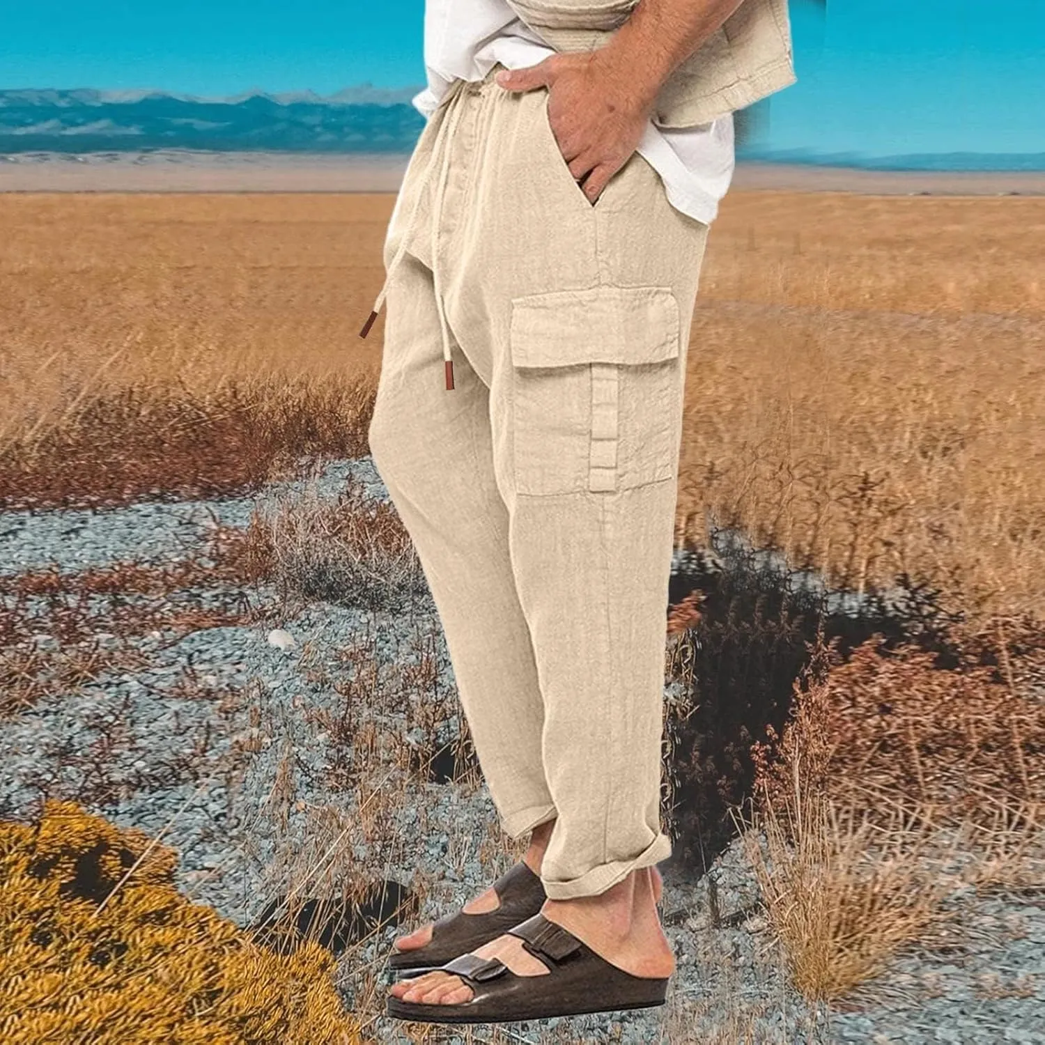 Men's Casual Pants Linen Relaxed Lightweight Casual Trousers Wide Leg Breathable Drawstring Waist Summer Beach Pant