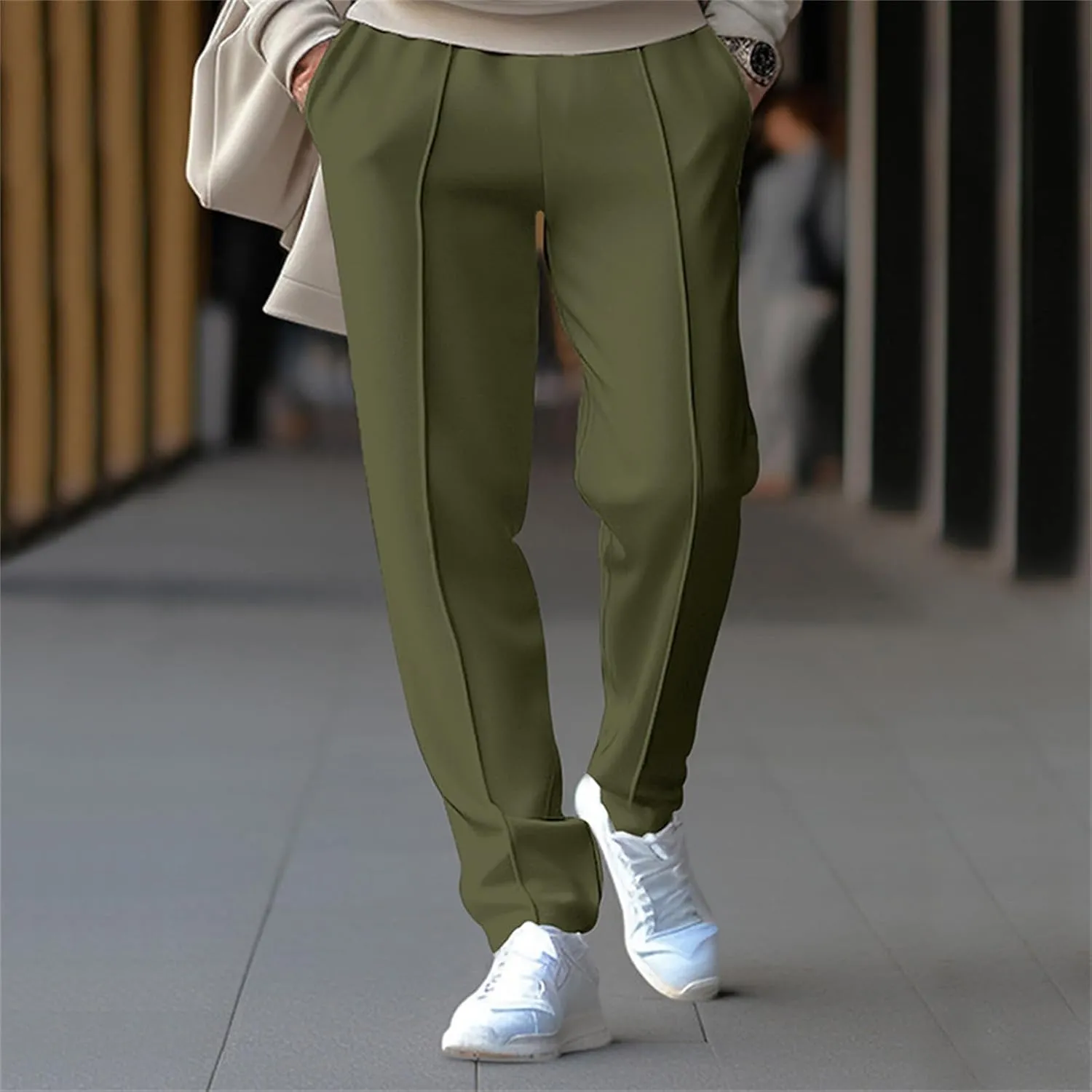 Mens Casual Straight Pants Elastic Waist Vintage Stylish Loose Slim Fit Hippie Solid Pants Outdoor Business Trousers