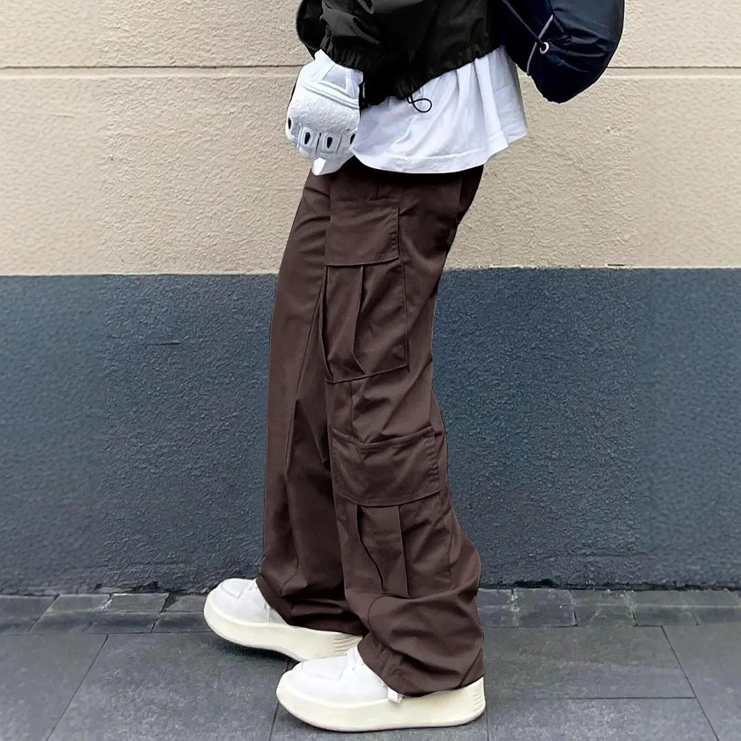 Men's Casual Work Pants with Buttons Multi-Pocket Straight Fit Pants