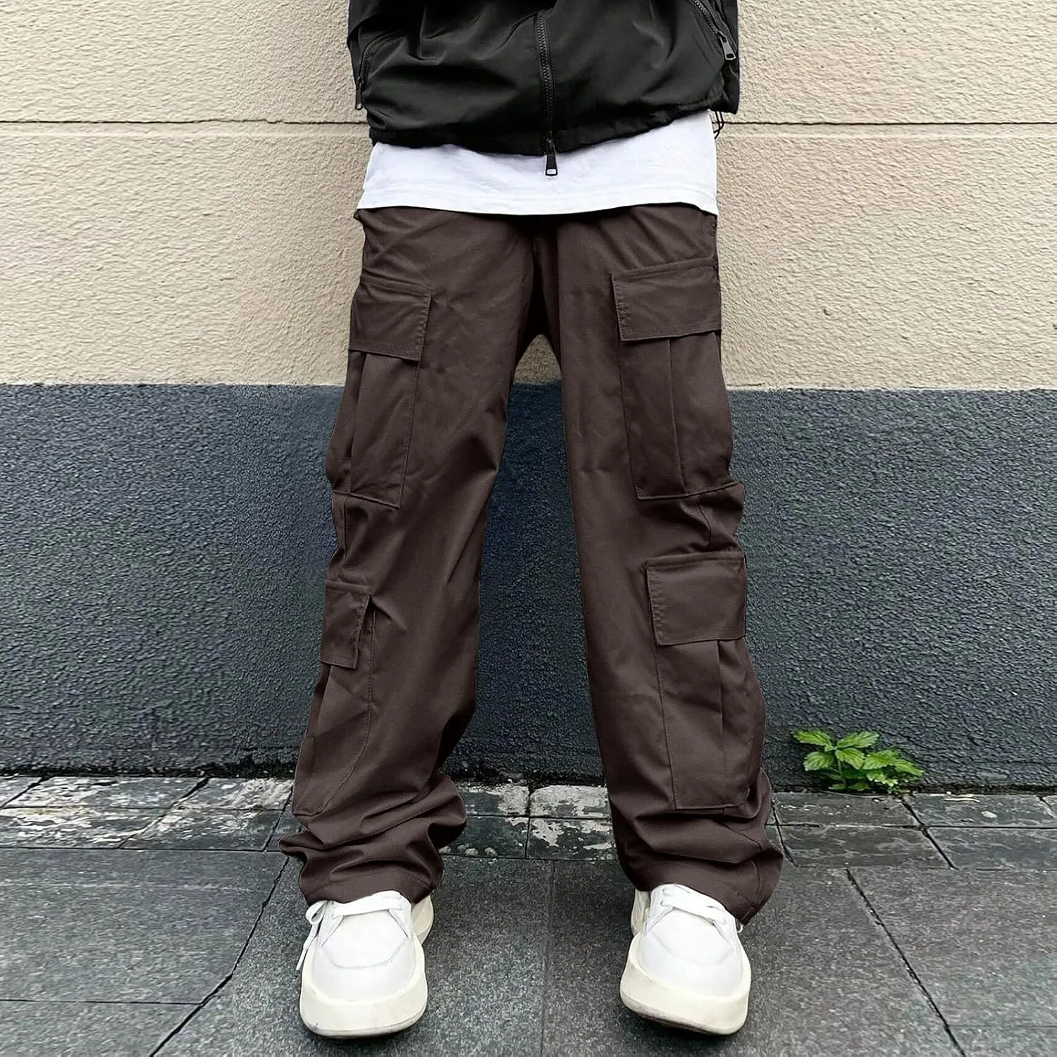 Men's Casual Work Pants with Buttons Multi-Pocket Straight Fit Pants