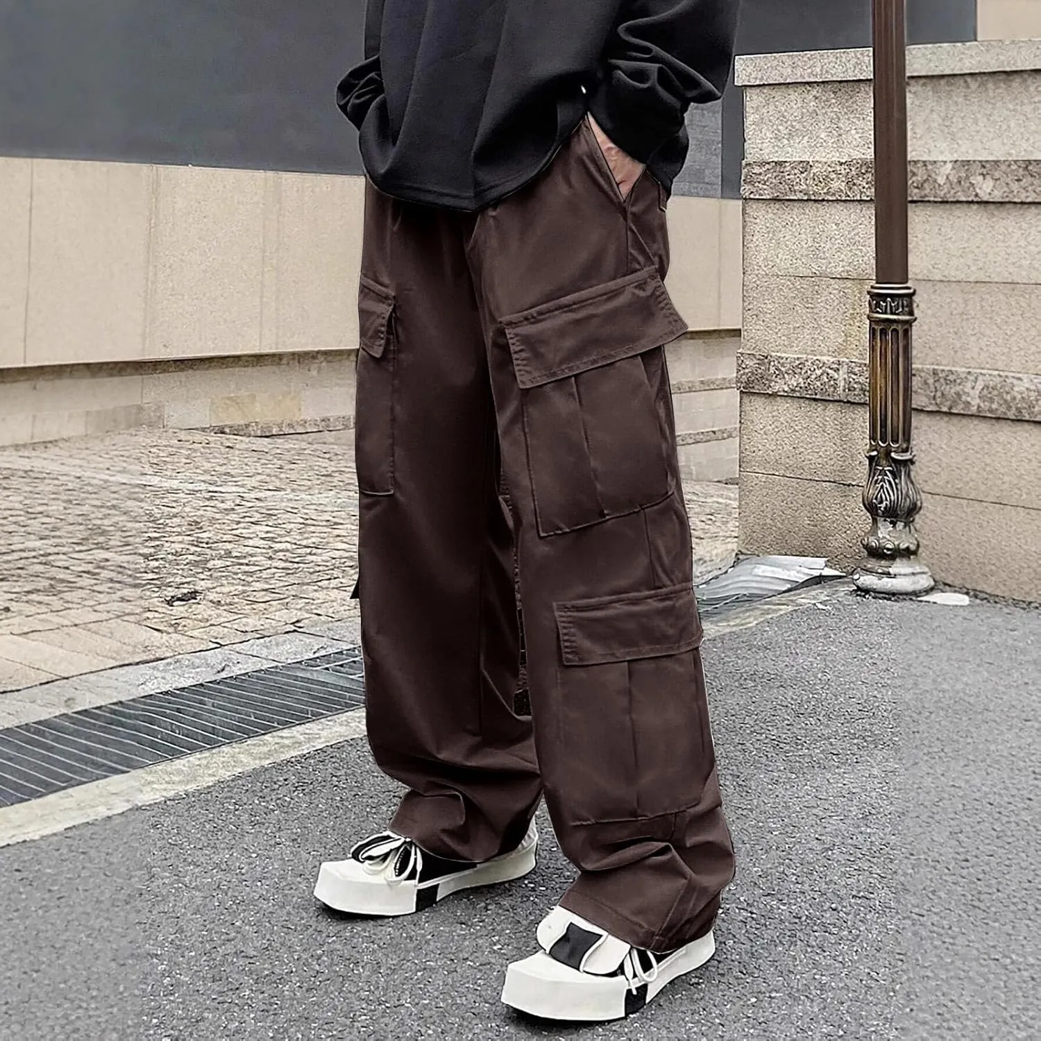 Men's Casual Work Pants with Buttons Multi-Pocket Straight Fit Pants