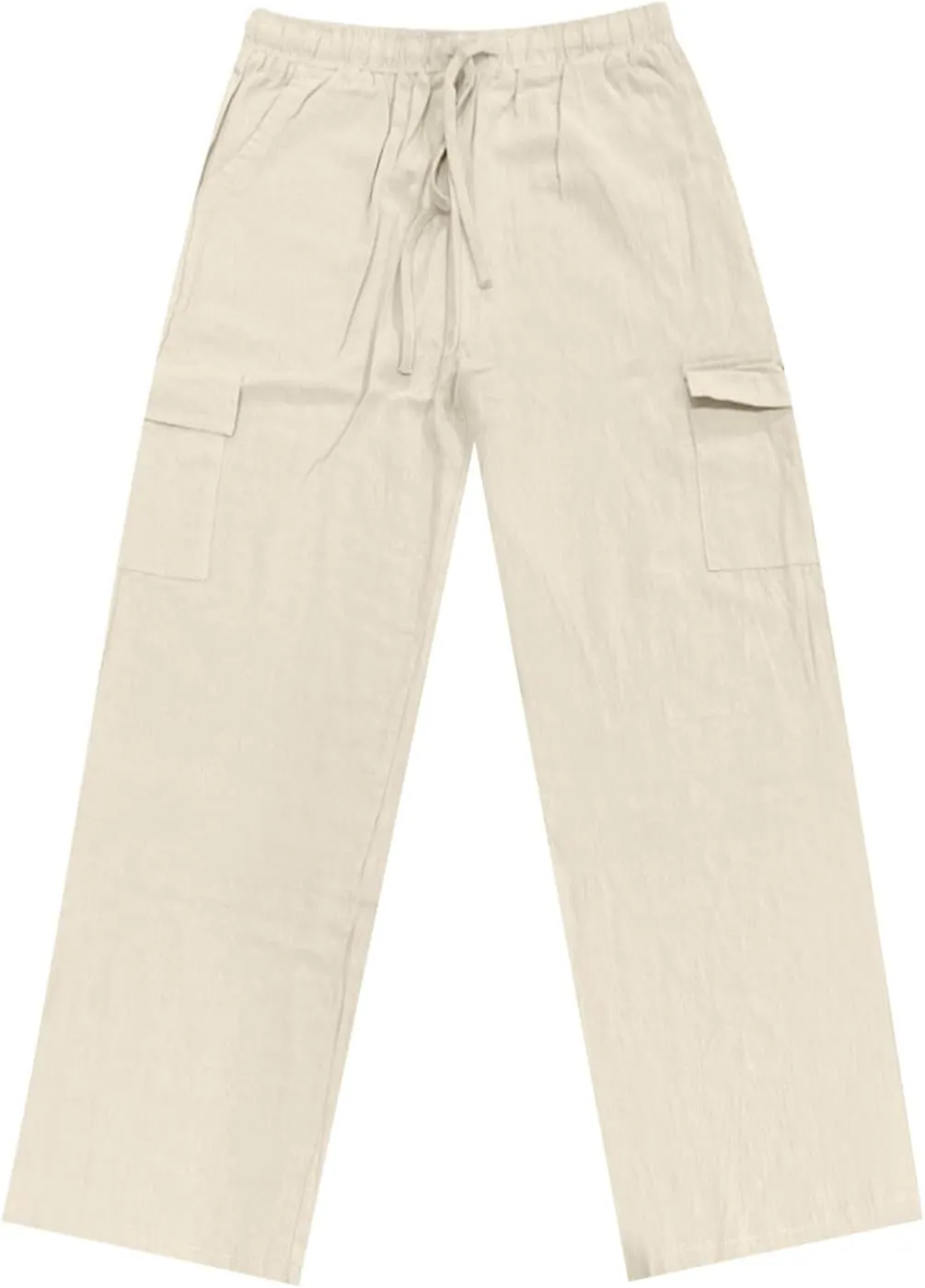 Men's Cotton Linen Cargo Pants Breathable Elastic Waist Drawstring Casual Loose Summer Beach Pants 2025