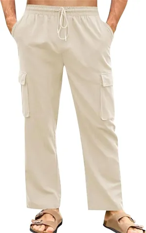 Men's Cotton Linen Cargo Pants Breathable Elastic Waist Drawstring Casual Loose Summer Beach Pants 2025