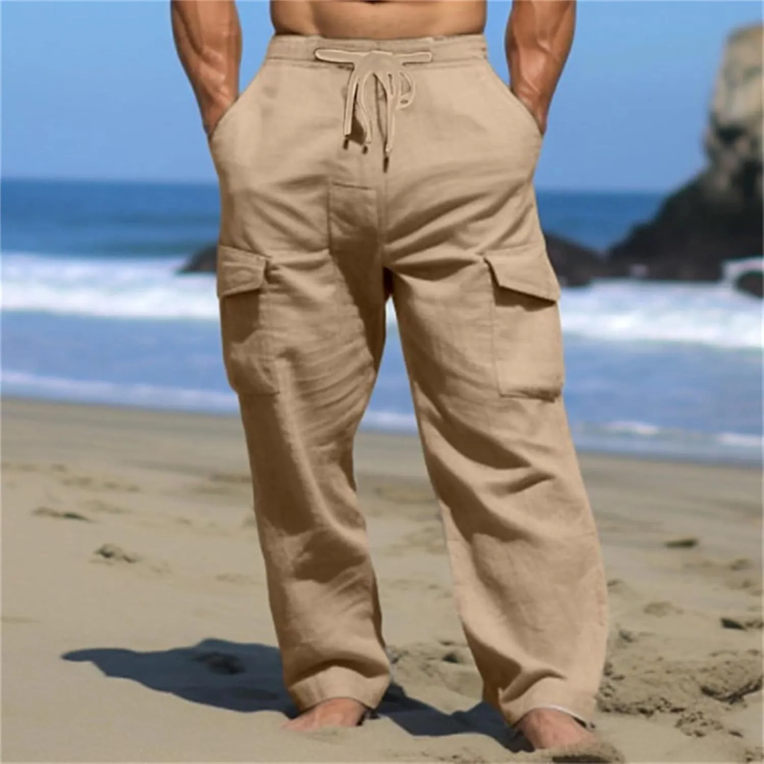 Men's Cotton Linen Cargo Pants Drawstring Straight Trousers Breathable Outdoor Pants with Multi-Pocket