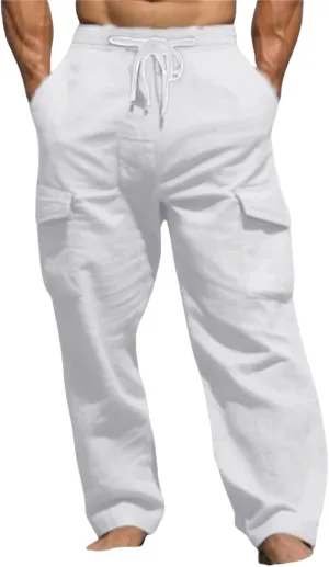 Men's Cotton Linen Cargo Pants Drawstring Straight Trousers Breathable Outdoor Pants with Multi-Pocket