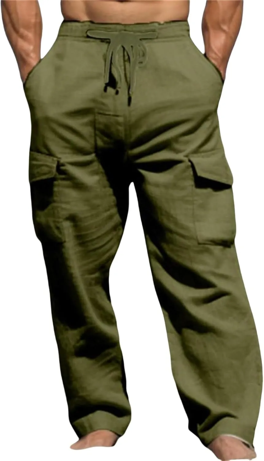 Men's Cotton Linen Cargo Pants Drawstring Straight Trousers Breathable Outdoor Pants with Multi-Pocket