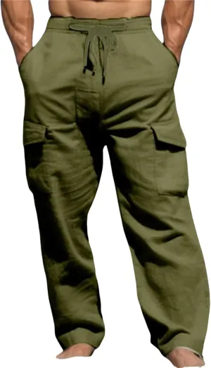 Men's Cotton Linen Cargo Pants Drawstring Straight Trousers Breathable Outdoor Pants with Multi-Pocket