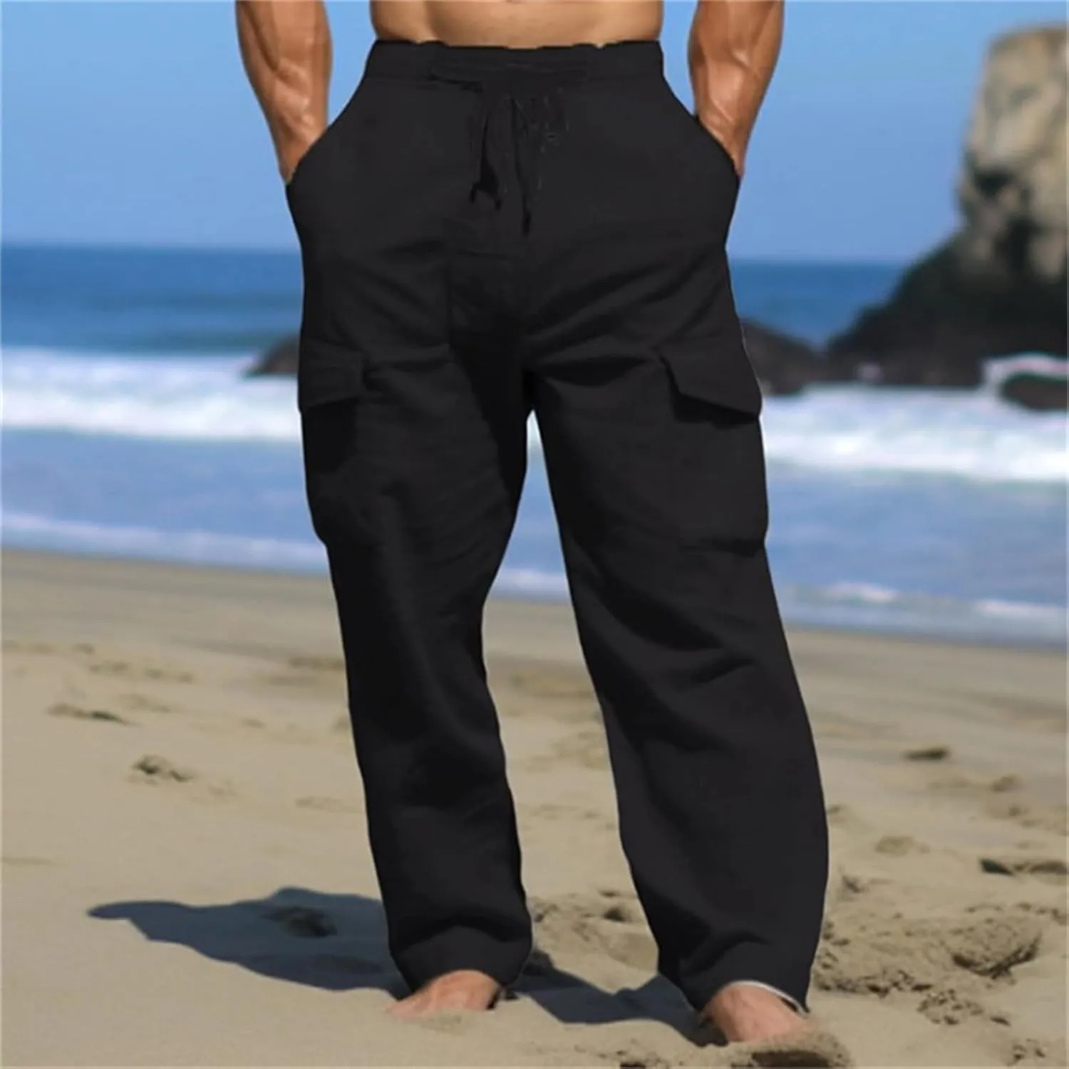 Men's Cotton Linen Cargo Pants Drawstring Straight Trousers Breathable Outdoor Pants with Multi-Pocket