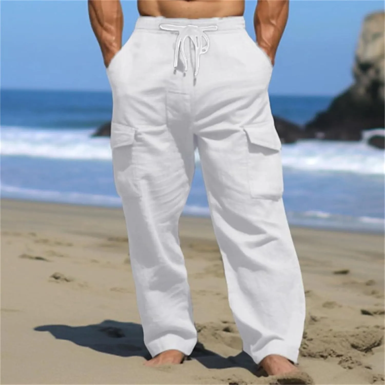 Men's Cotton Linen Cargo Pants Drawstring Straight Trousers Breathable Outdoor Pants with Multi-Pocket
